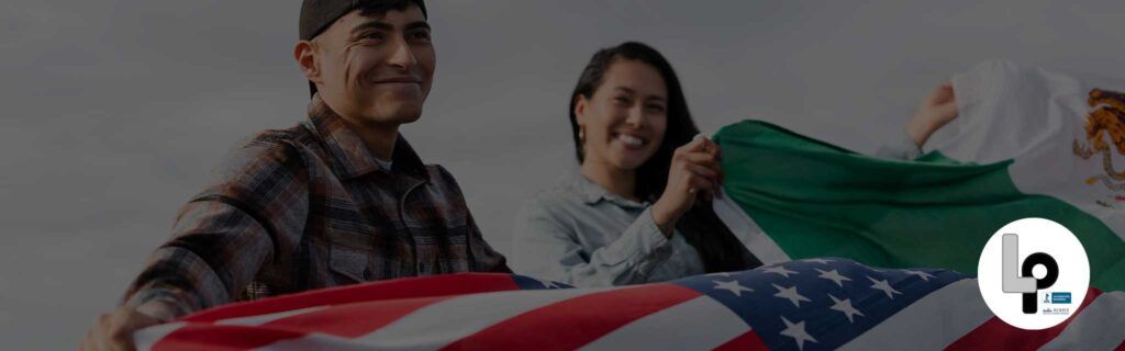 Banner con imagen de migrantes internacionales y banderas políticas, simbolizando la intersección entre asilo y geopolítica.