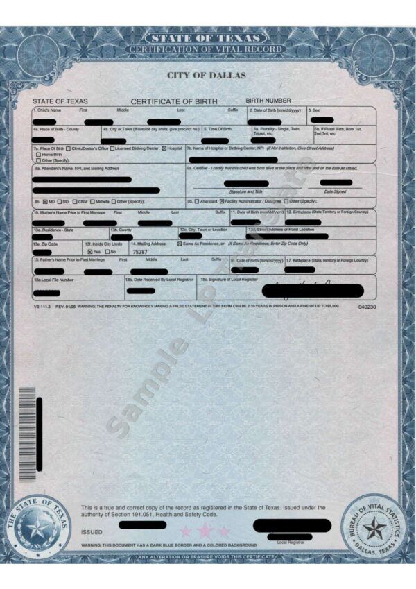 Birth Certificate - #5 (Dallas)