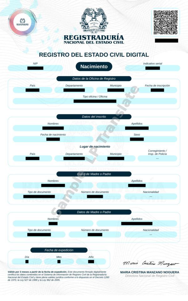 Birth Certificate - Colombia (Digital)
