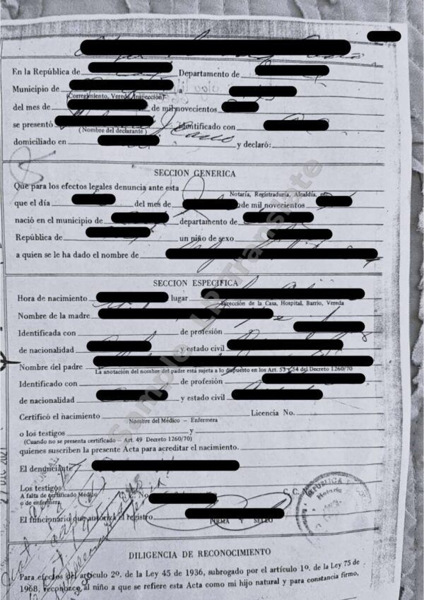 Birth Certificate - Colombia (Law 45 of 1936 Version 1)