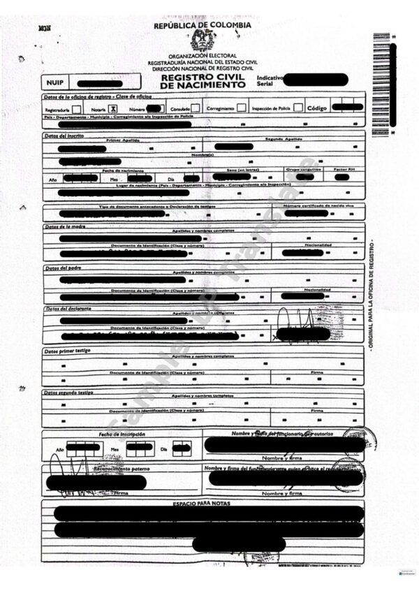 Birth Certificate - Colombia (NUIP - Serial Number)