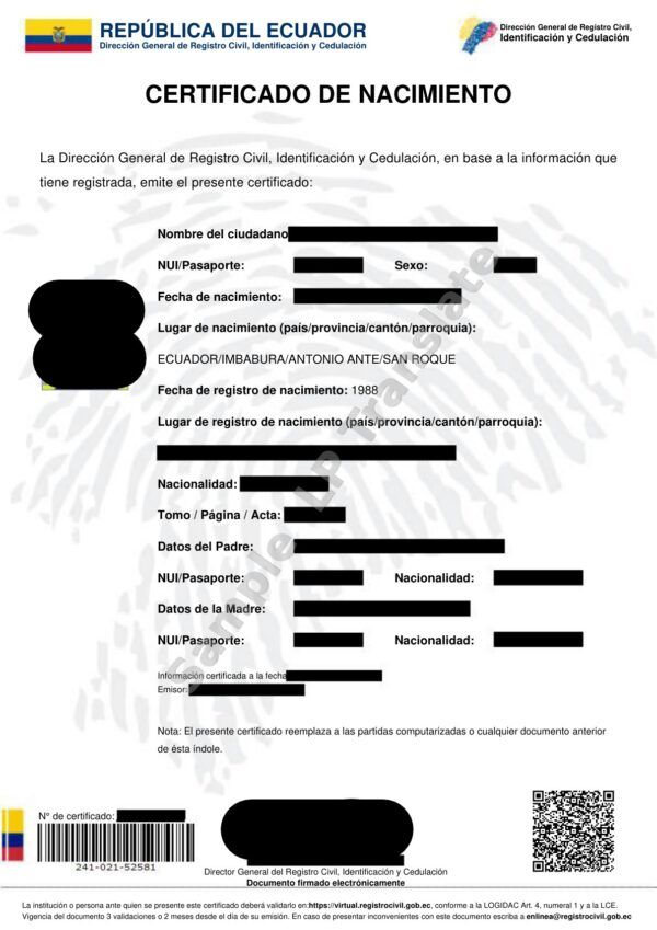 Birth Certificate - Ecuador #1