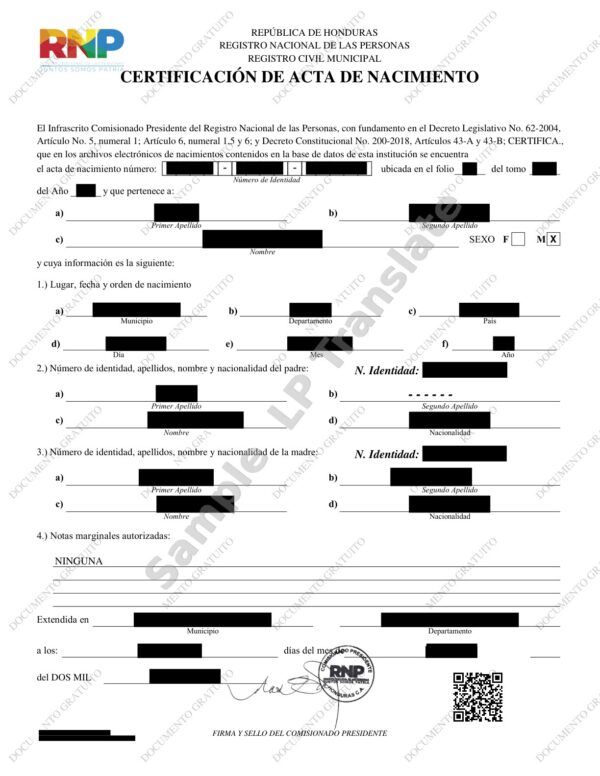 Birth Certificate - Honduras #1