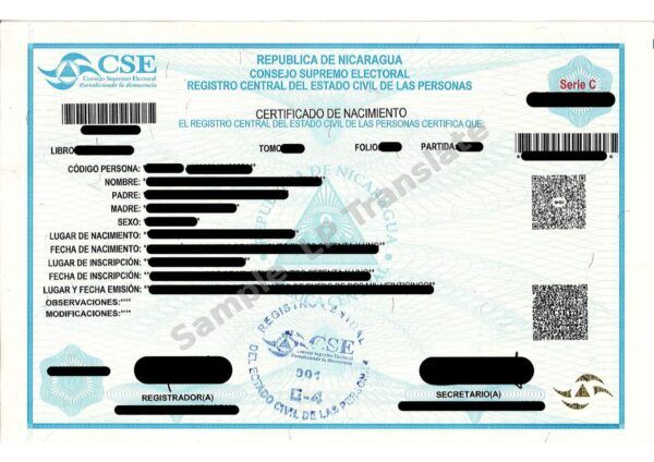 Birth Certificate - Nicaragua #2 (C Series)