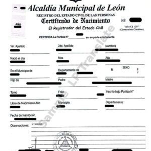 Birth Certificate - Nicaragua #5  (Pertinent Part)