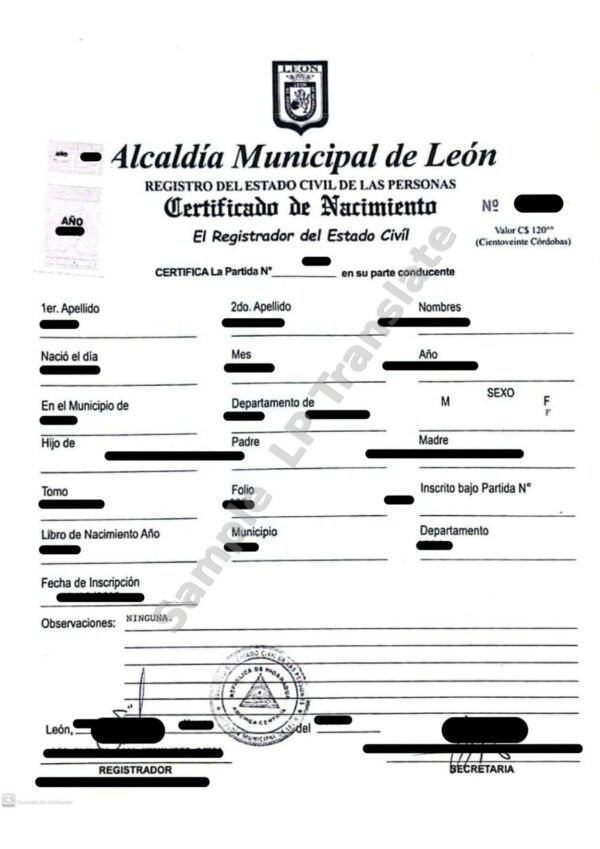 Birth Certificate - Nicaragua #5  (Pertinent Part)
