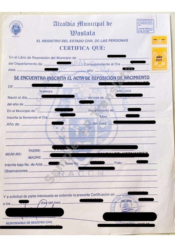 Birth Certificate - Nicaragua #6 (Waslala)