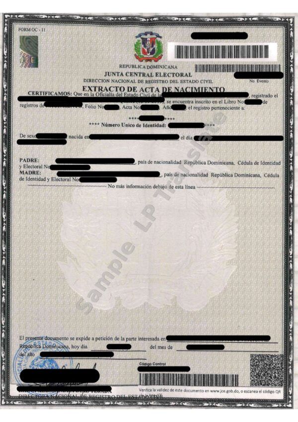 Birth Certificate (Extract) Dominican Republic