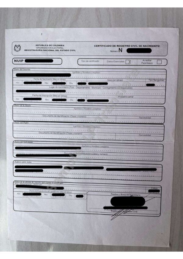 Birth Certificate  - Colombia (Grey Header)