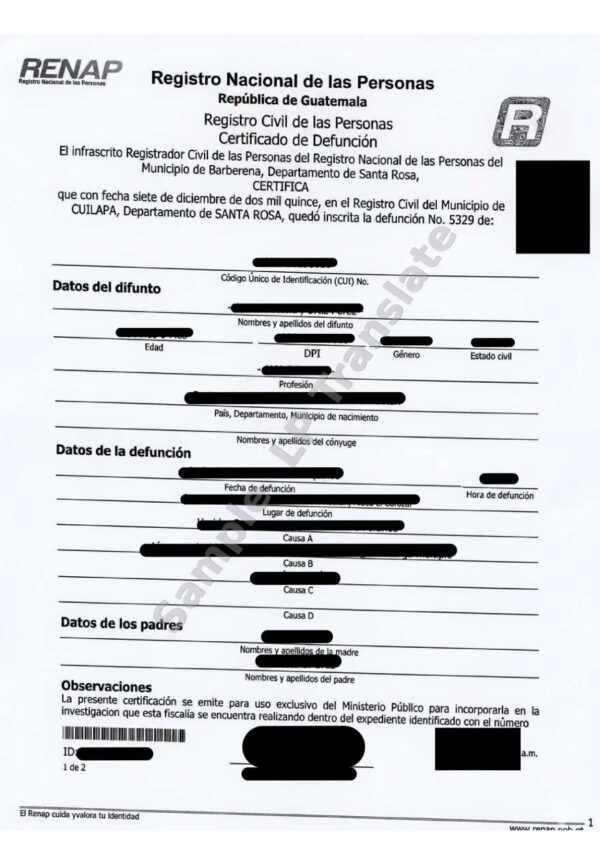 Death Certificate - Nicaragua #1