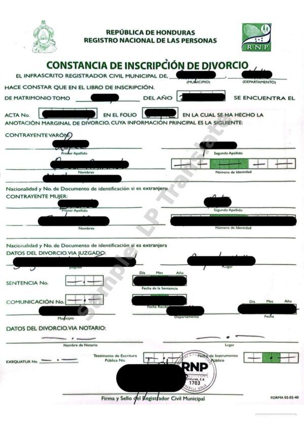 Divorce Certificate - Honduras