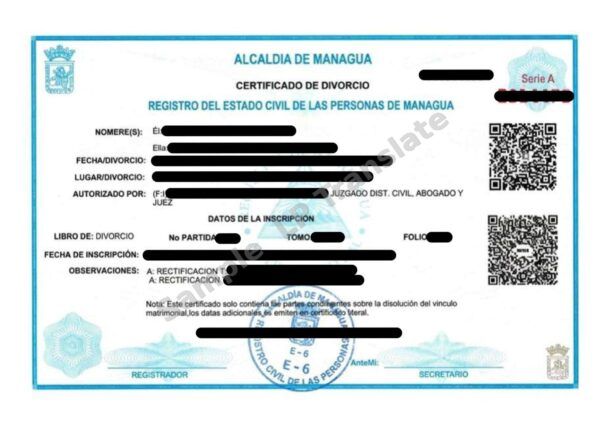 Divorce Certificate - Nicaragua