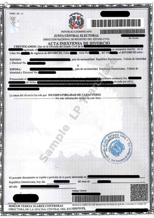 Divorce Certificate - Republica Dominicana