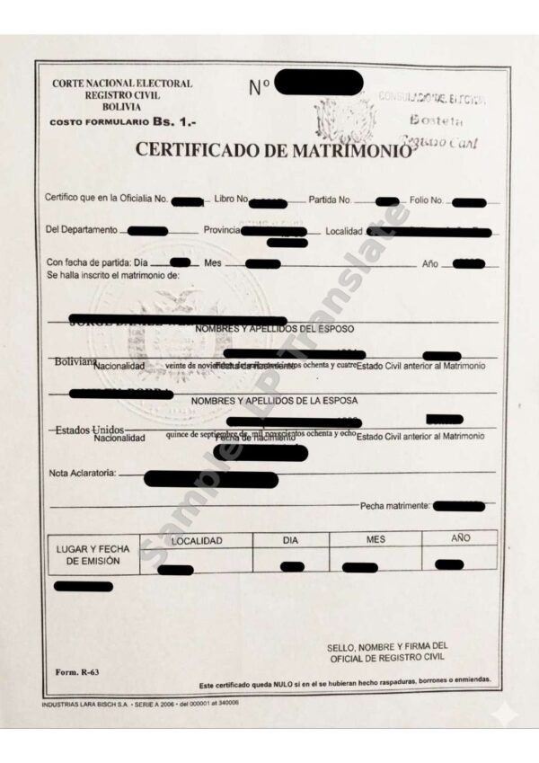 Marriage Certificate - Bolivia