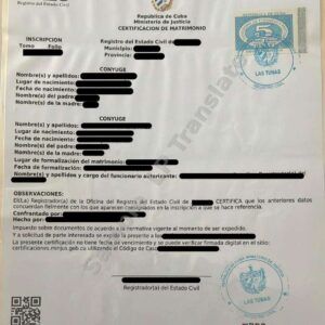 Marriage Certificate - Cuba