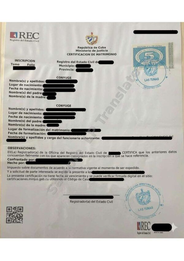 Marriage Certificate - Cuba